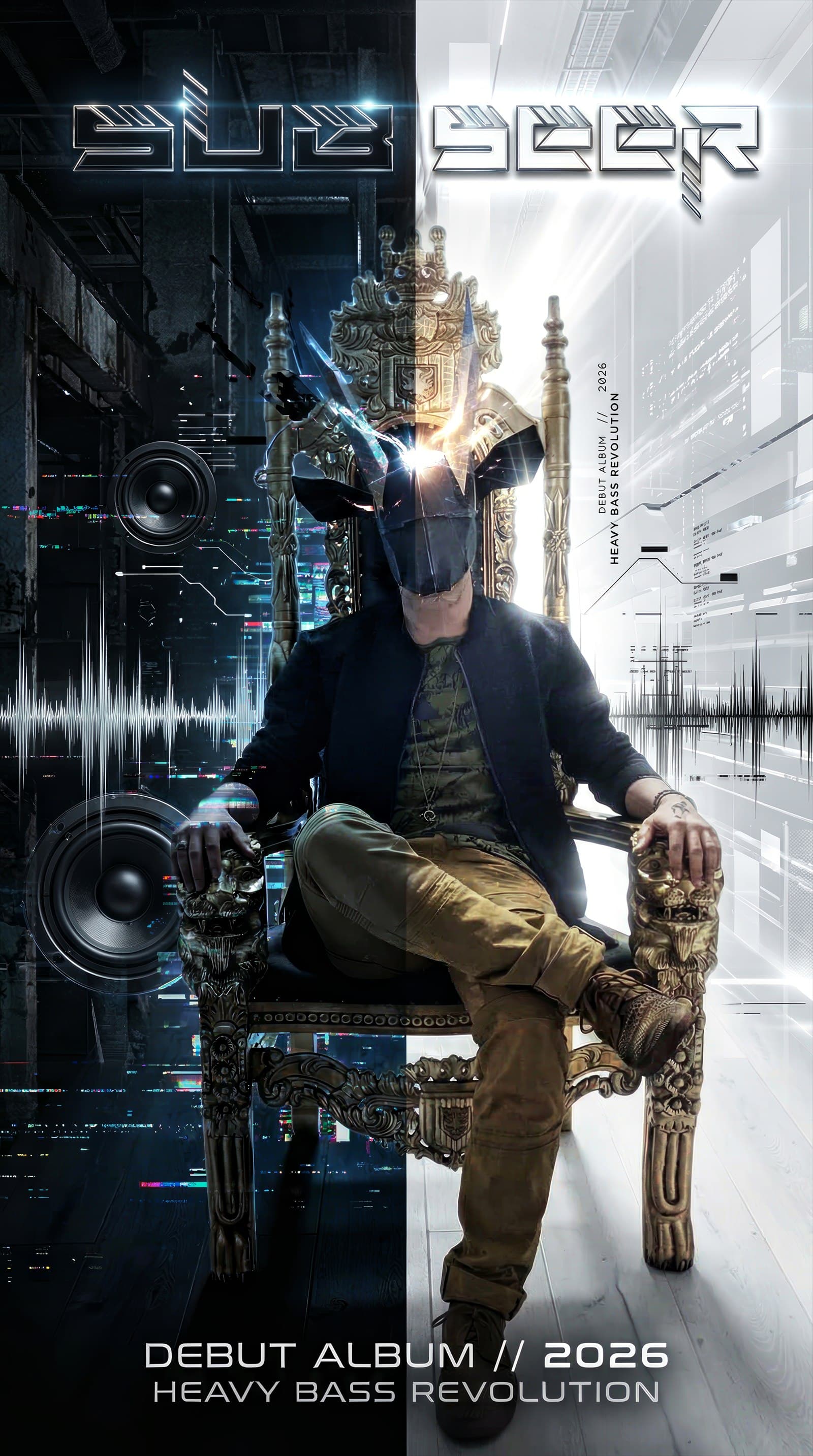 SUBS333R debut album poster with split dark and bright futuristic environments.